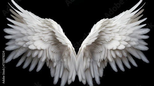 Majestic white angel wings with a subtle luminosity, catching the light against a dark black background, radiating an otherworldly beauty
