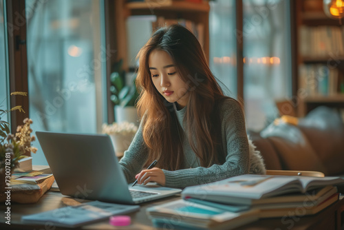 Asian woman sitting calmly working in an office full of books for success. AI Generated