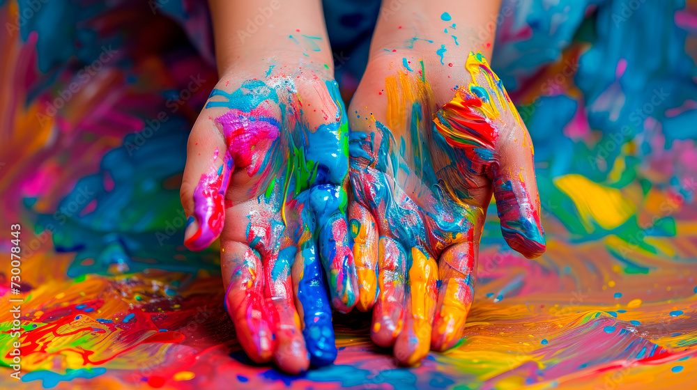 Kid shows his hands painted with vibrant paints.