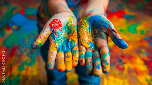 Child hands painted in colorful paints.