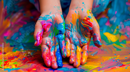 Kid shows his hands painted with vibrant paints.