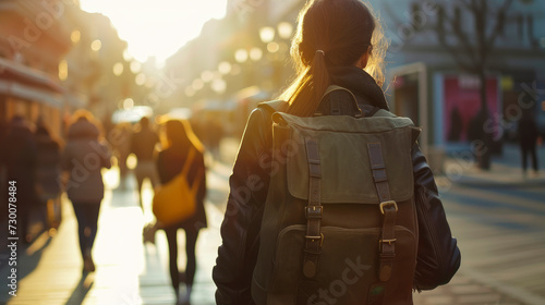 Young woman with stylish backpack outdoors, back view. Girl goes through the city alone.
