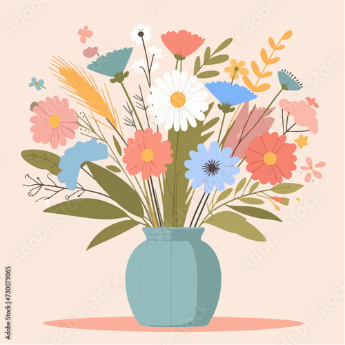 flat design colorful flower houseplant in a blue vase for decoration vector illustration