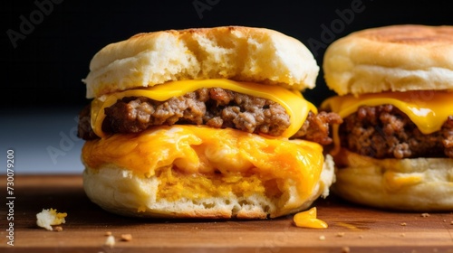 Cheesy sausage breakfast sandwiches with egg, made at home, mc muffin cut