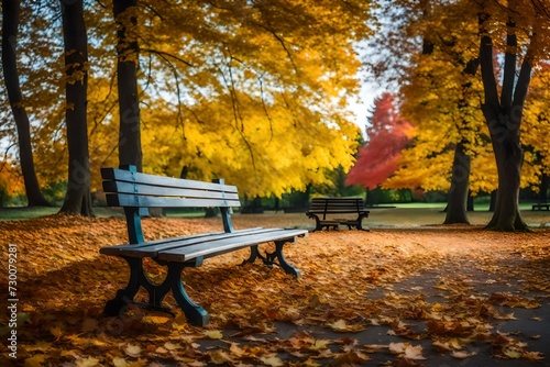 park surrounded by colorful leaves and trees with a wooden bench during autumn, focus on bench , background blur
