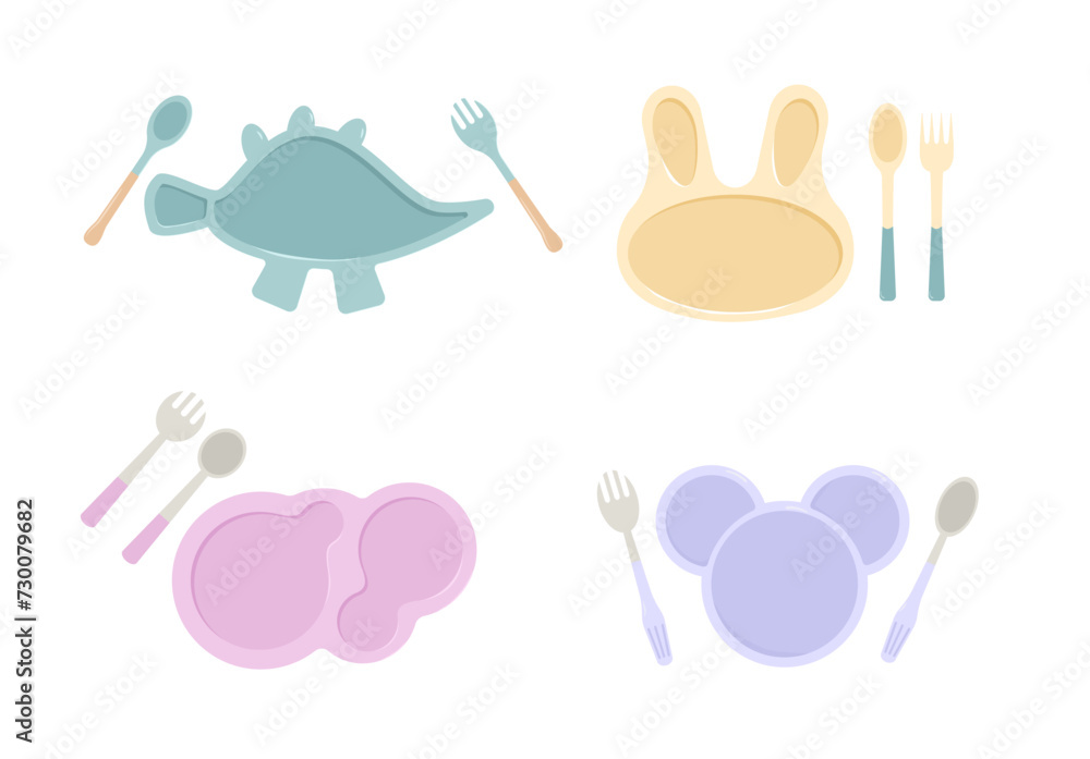 Kids cute tableware. Child lunchboxes with kitchen tools. Empty silicone dish with spoon and fork. Vector flat illustration