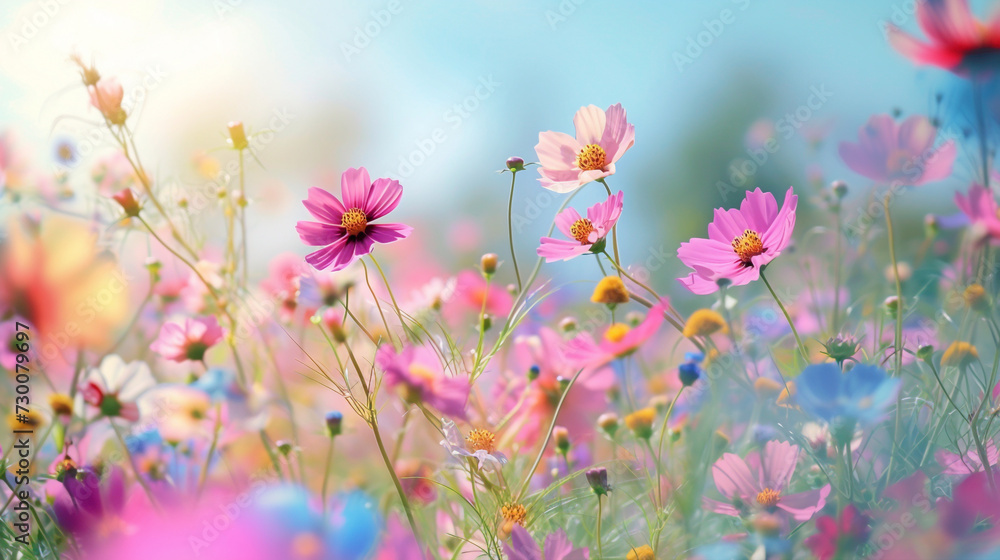 A field of blooming wildflowers stretching to the horizon, their petals blending seamlessly in a radiant gradient of pinks, blues, and yellows under the clear sky.