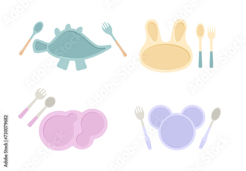 Kids cute tableware. Child lunchboxes with kitchen tools. Empty silicone dish with spoon and fork. Vector flat illustration