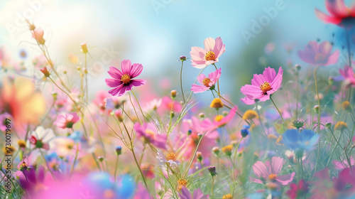 A field of blooming wildflowers stretching to the horizon, their petals blending seamlessly in a radiant gradient of pinks, blues, and yellows under the clear sky. © HASHMAT