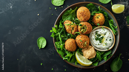 falafel croquettes served with fresh spinach, yogurt sauce, hummus in a bowl and sliced lemon, moody lighting, close-up photo