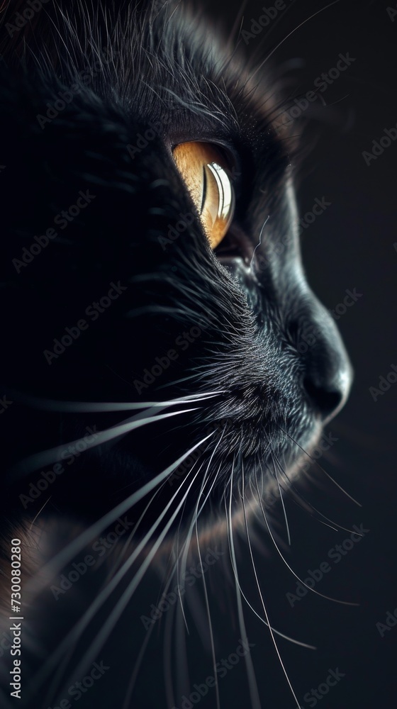 Cat Black Feline Intense Gaze, Whiskers Animal Domestic Soft Mystery