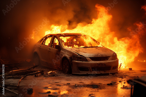 Burning car close-up, fire or accident