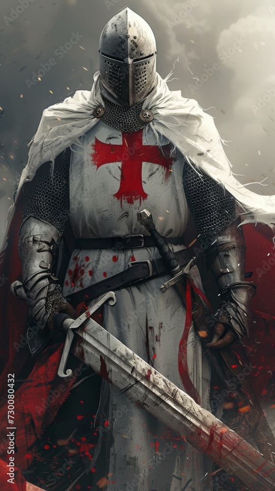 Knight in Armor, Crusader with Sword, Battle-Ready, Red Cloak, Grunge Historical Warrior