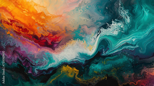 A hypnotic choreography of vibrant waves, fluid colors colliding in an intricate dance, creating an awe-inspiring abstract panorama.