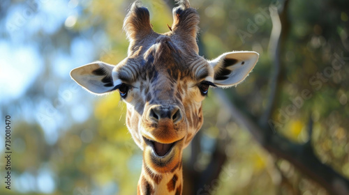 portrait of a giraffe. funny animal make faces, laugh, make faces. Comical animal making a funny face that's impossible not to chuckle at. Funny smiling giraffe party animal making a silly face lookin photo