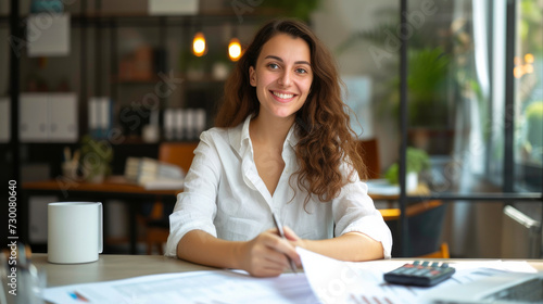 Portrait of a young businesswoman in a shirt, looking into the camera with a smile on her face and crossed hands 