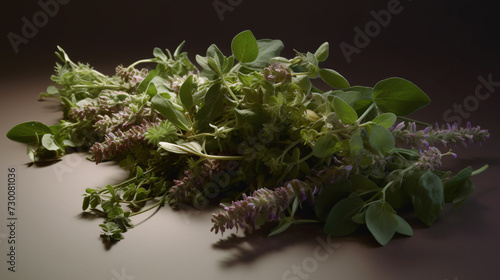 Oregano stems arranged with other Mediterranean herbs. 