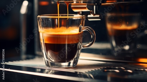 The espresso machine pours fresh black coffee into a glass coffee cup.