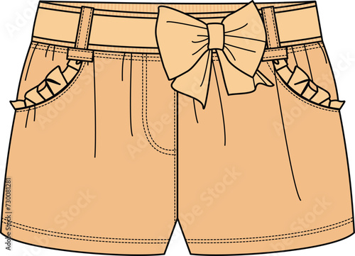 KID GIRLS BOTTOM WEAR SHORTS WITH BOW AND POCKETS VECTOR ILLUSTRATION
