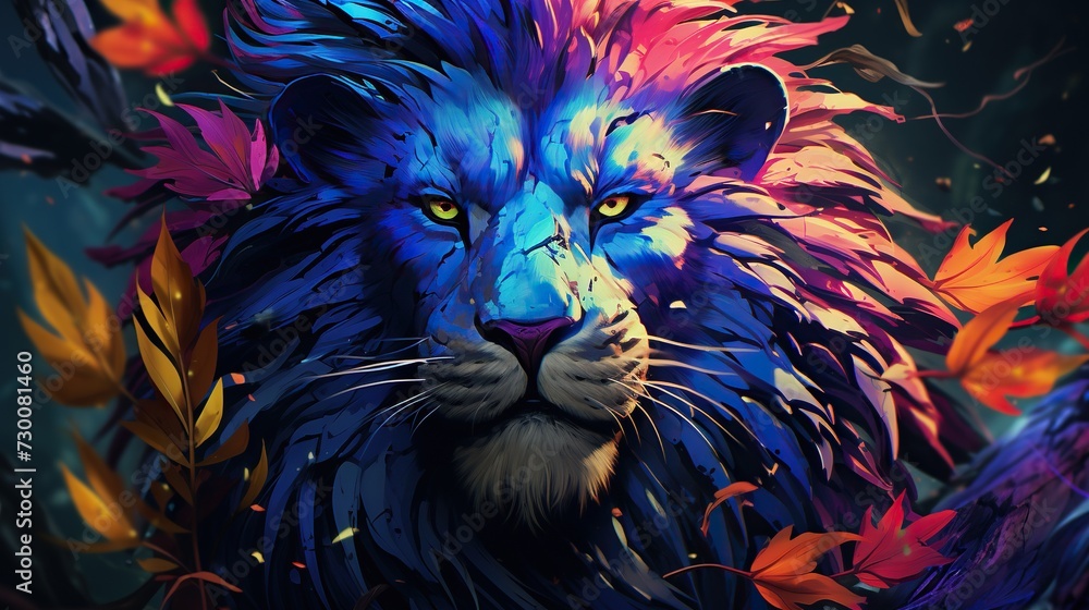 Abstract painting of a lion in the forest with vibrant colors