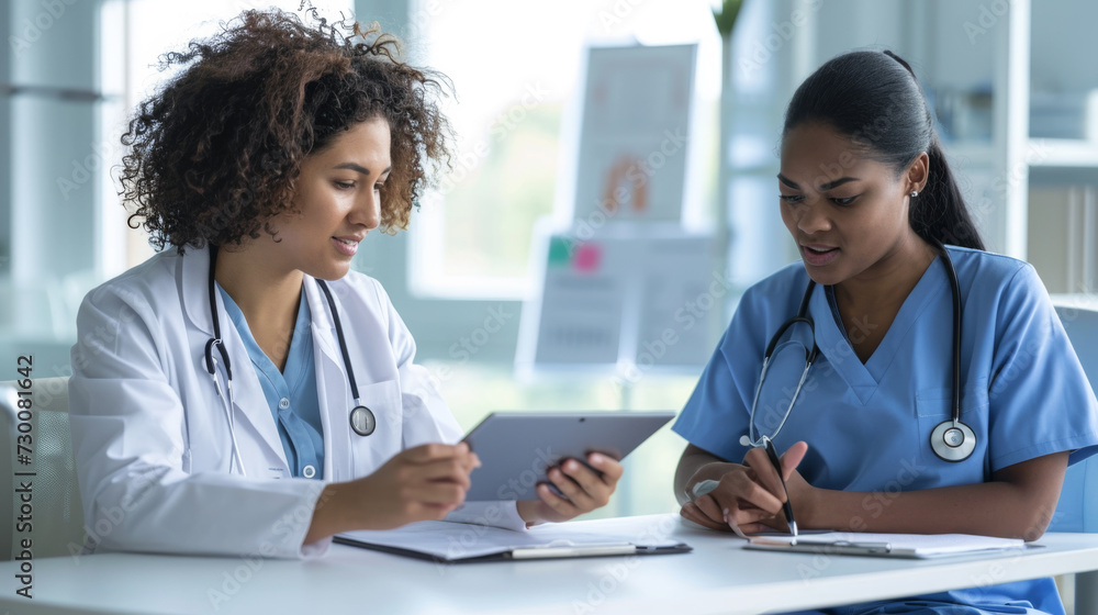 two female healthcare professionals are looking at a tablet two female healthcare professionals are looking at a tablet