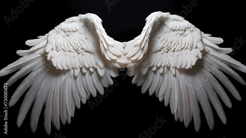 The contrast of pristine white angel wings against a deep black surface, capturing the essence of celestial beauty and serenity