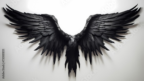 The dramatic contrast of black angel wings against a pure white background, capturing the essence of celestial grace and mystique