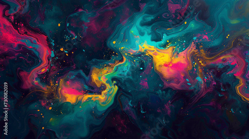 A radiant cascade of neon hues intertwining in a dynamic dance within a liquid cosmos, captivating with its mesmerizing vibrancy.