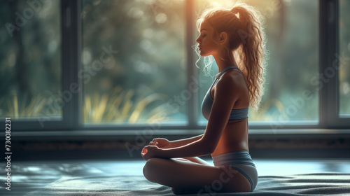 Young woman practicing lotus asana in yoga studio. Padmasana pose.  meditating in Half Lotus pose with mudra gesture, working out, wearing sportswear photo
