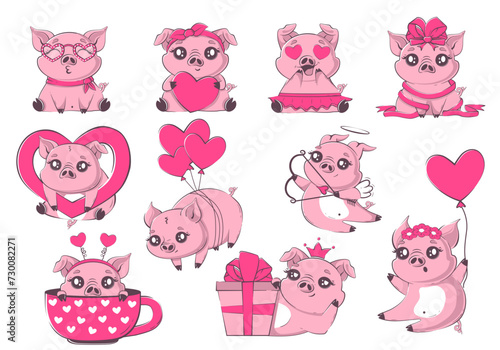 Set of cartoon kawaii pigs in love. Cute animals for Valentine's Day