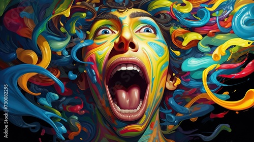 a woman with her mouth open is surrounded by colorful paint