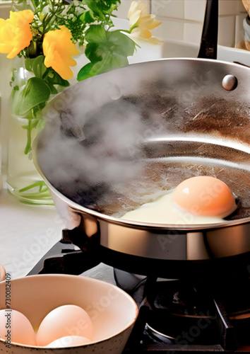 Kitchen still life with eggs and flowers. Poached egg in a pressure cooker on the stove.