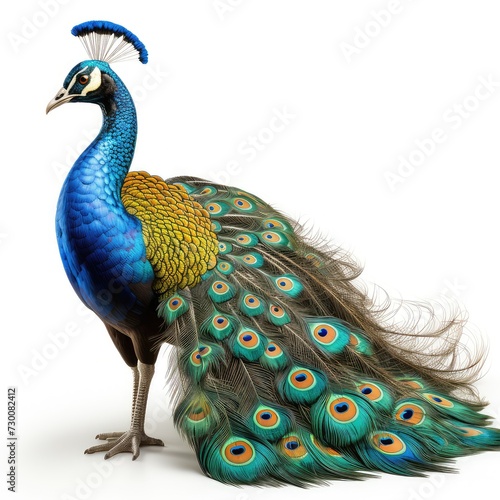 Peacock bird with colorful feathers isolated on white background photo