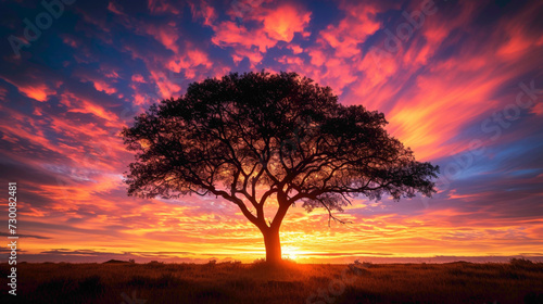 A solitary tree standing tall against a vibrant sunset  symbolizing resilience and strength.