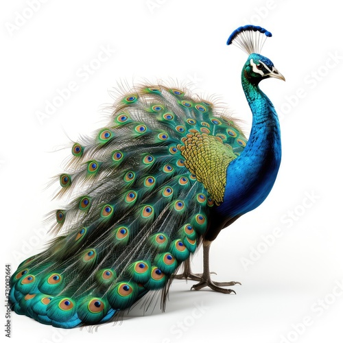 Peacock bird with colorful feathers isolated on white background