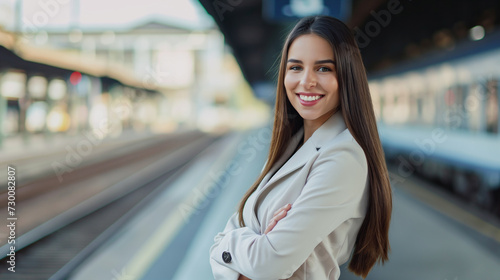 Mulher jovem usando terno na estação de trem