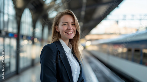 Mulher jovem usando terno na estação de trem