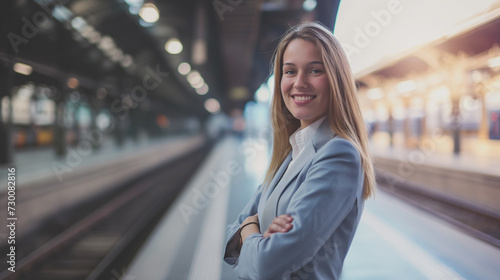 Mulher jovem usando terno na estação de trem