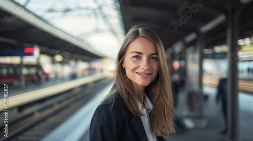 Mulher jovem usando terno na estação de trem