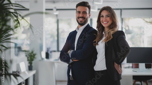 Homem e mulher de terno juntos sorrindo em um ambiente profissional  photo