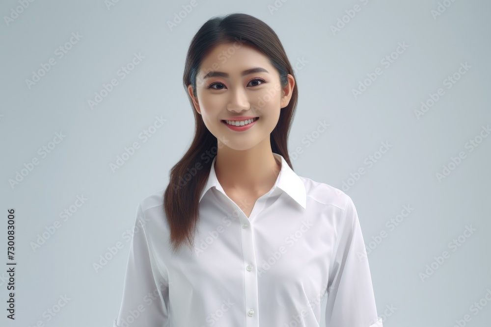 Asian Business Maven, A poised and professional Asian busiessgirl captivates in a stunning portrait against a backdrop of pure white. Generative AI. Asian Business Maven, A poised and professional Asian busiessgirl captivates in a stunning portrait against a backdrop of pure white. Generative AI.