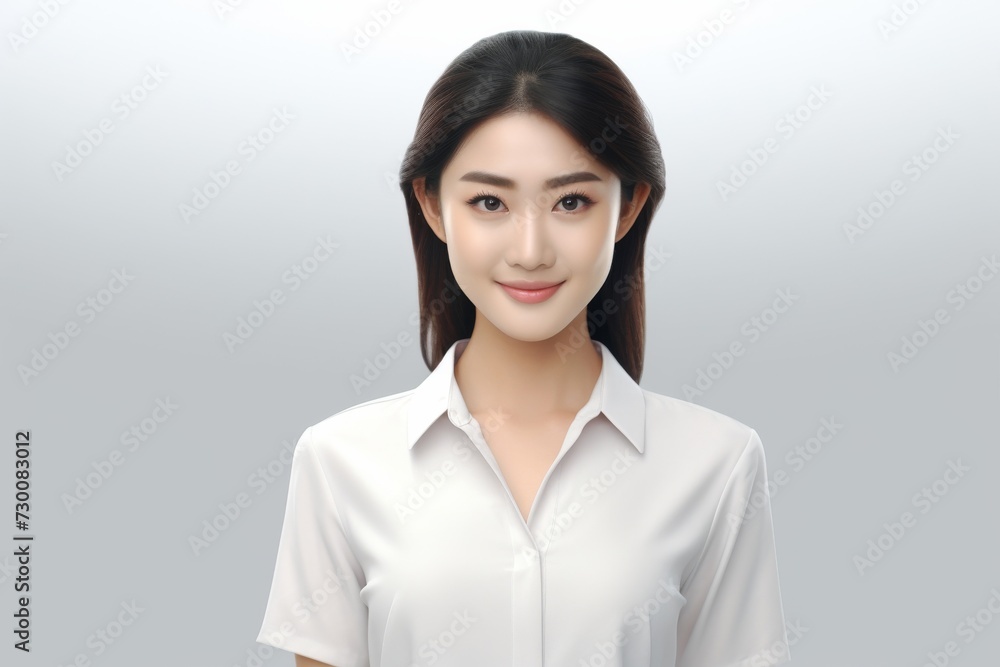 Asian Business Maven, A poised and professional Asian busiessgirl captivates in a stunning portrait against a backdrop of pure white. Generative AI. Asian Business Maven, A poised and professional Asian busiessgirl captivates in a stunning portrait against a backdrop of pure white. Generative AI.