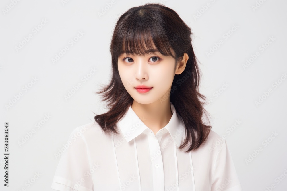 Asian Business Maven, A poised and professional Asian busiessgirl captivates in a stunning portrait against a backdrop of pure white. Generative AI. Asian Business Maven, A poised and professional Asian busiessgirl captivates in a stunning portrait against a backdrop of pure white. Generative AI.