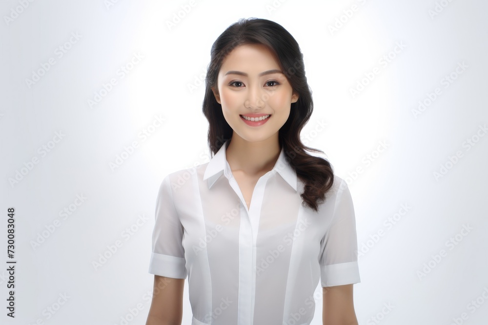 Asian Business Maven, A poised and professional Asian busiessgirl captivates in a stunning portrait against a backdrop of pure white. Generative AI. Asian Business Maven, A poised and professional Asian busiessgirl captivates in a stunning portrait against a backdrop of pure white. Generative AI.