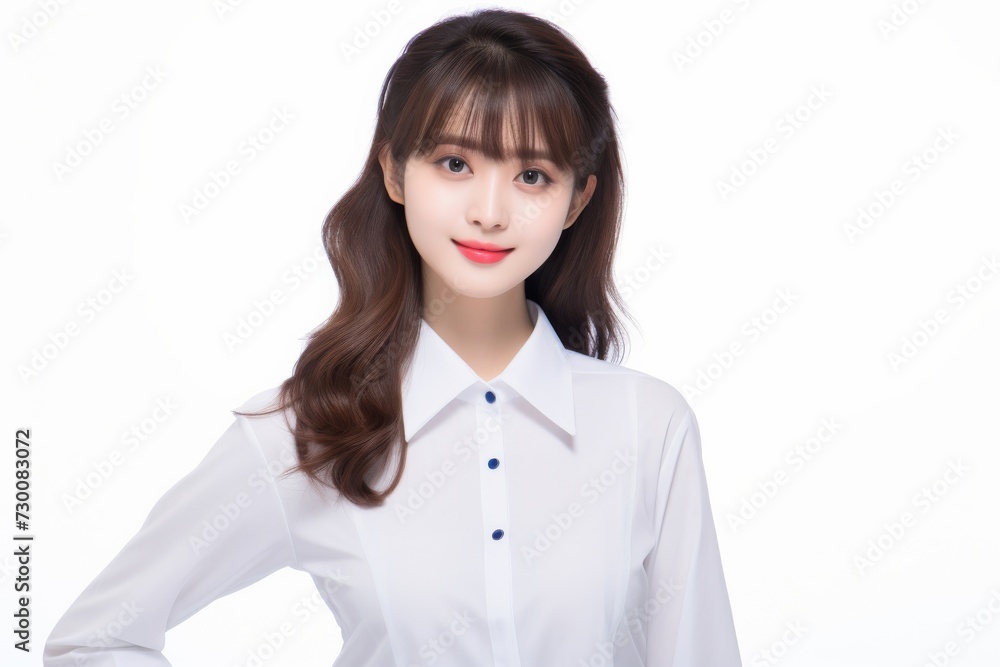 Asian Business Maven, A poised and professional Asian busiessgirl captivates in a stunning portrait against a backdrop of pure white. Generative AI. Asian Business Maven, A poised and professional Asian busiessgirl captivates in a stunning portrait against a backdrop of pure white. Generative AI.