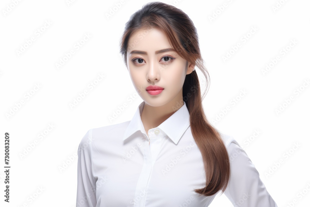 Asian Business Maven, A poised and professional Asian busiessgirl captivates in a stunning portrait against a backdrop of pure white. Generative AI. Asian Business Maven, A poised and professional Asian busiessgirl captivates in a stunning portrait against a backdrop of pure white. Generative AI.