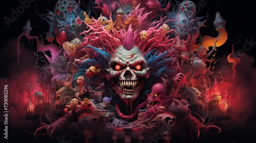 a skull of clown surrounded by zombies and monsters