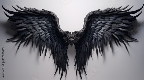 The striking contrast of jet-black angel wings against a pure white surface, capturing the essence of celestial grace and power