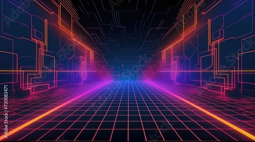 Cyberspace background, wireframe, grid receeding into the distance, circuitry, cyberpunk, high contrast.