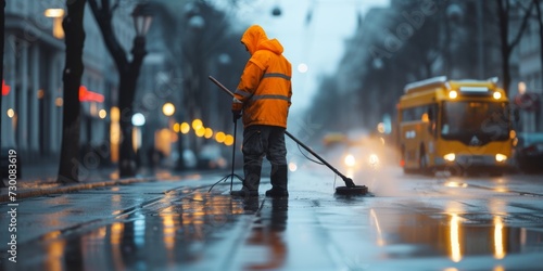 Early Morning Street Cleaning By City Worker